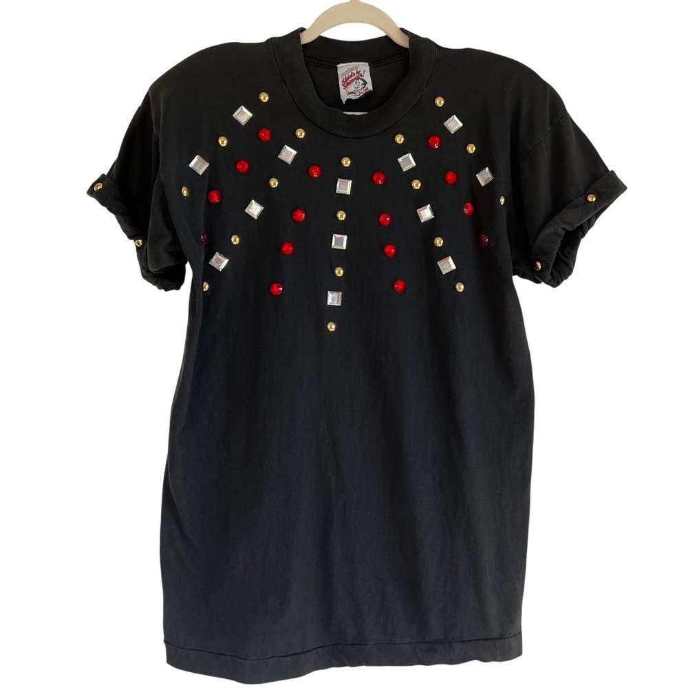 Vintage 80s Glam Rock Black Rhinestone Embellished‎ 100% Cotton T-Shirt Size XL